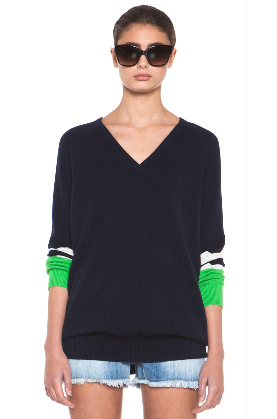 Image 1 of Equipment Asher V Neck Cashmere Colorblock Pullover in Peacoat