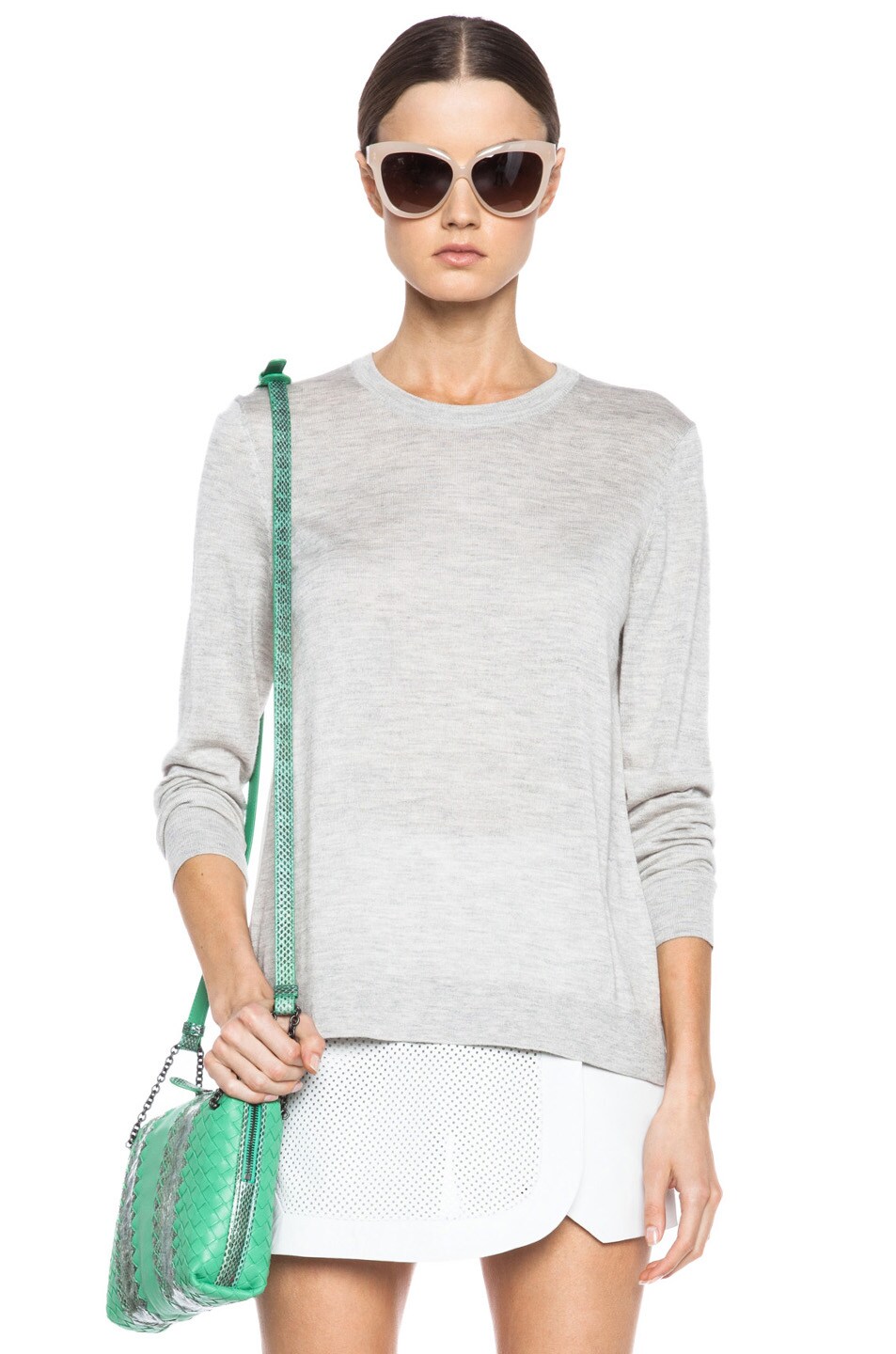 Image 1 of Equipment Addison Crew Neck Silk-Blend Sweater in Light Heather Grey & Nature White