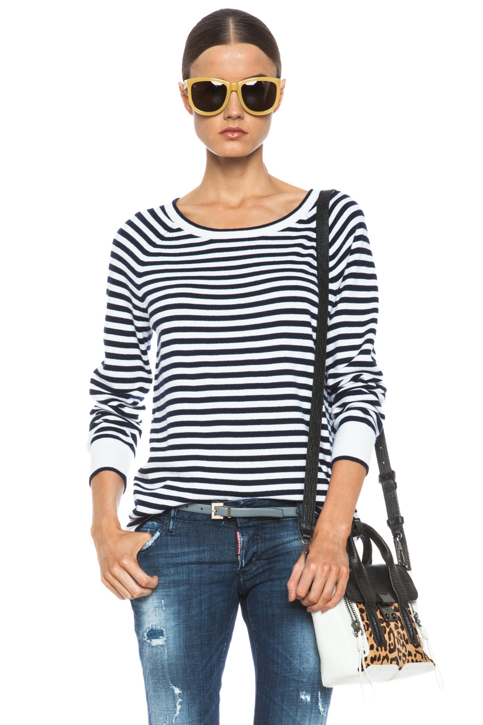 Image 1 of Equipment Kate Boat Neck Stripe Knit Sweater in Peacoat & Ivory