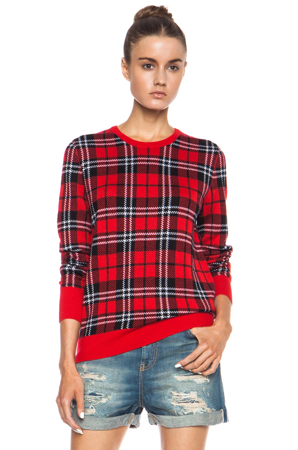 Image 1 of Equipment Shane Scholarly Plaid Wool Sweater in Strawberry Red Multi