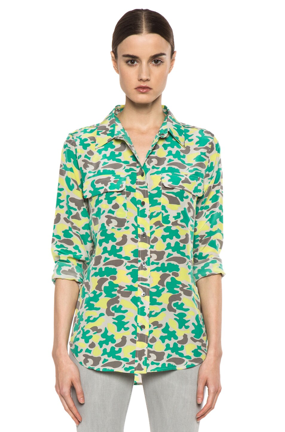 Image 1 of Equipment Signature Retro Camo Printed Blouse in Lime Punch Multi