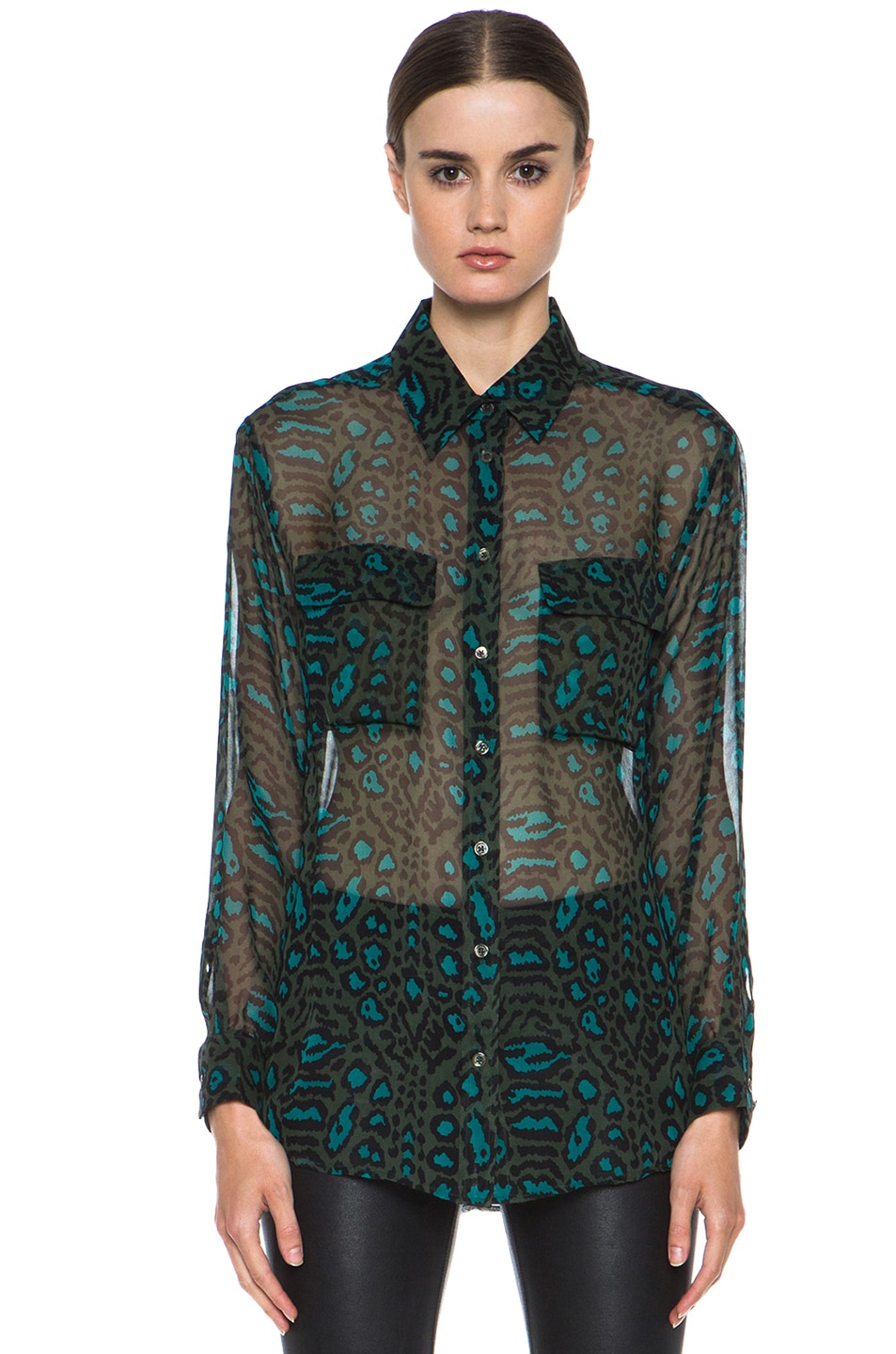 Image 1 of Equipment Signature Distressed Hyde Silk Blouse in Dark Army