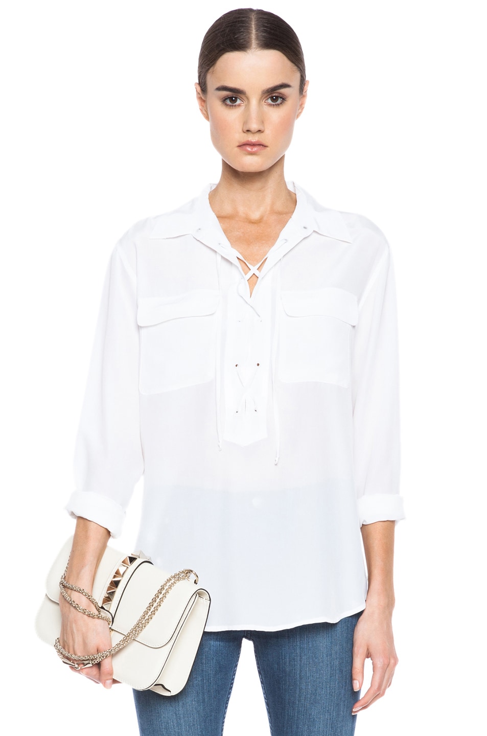 Image 1 of Equipment Knox Lace Up Silk Top in Bright White