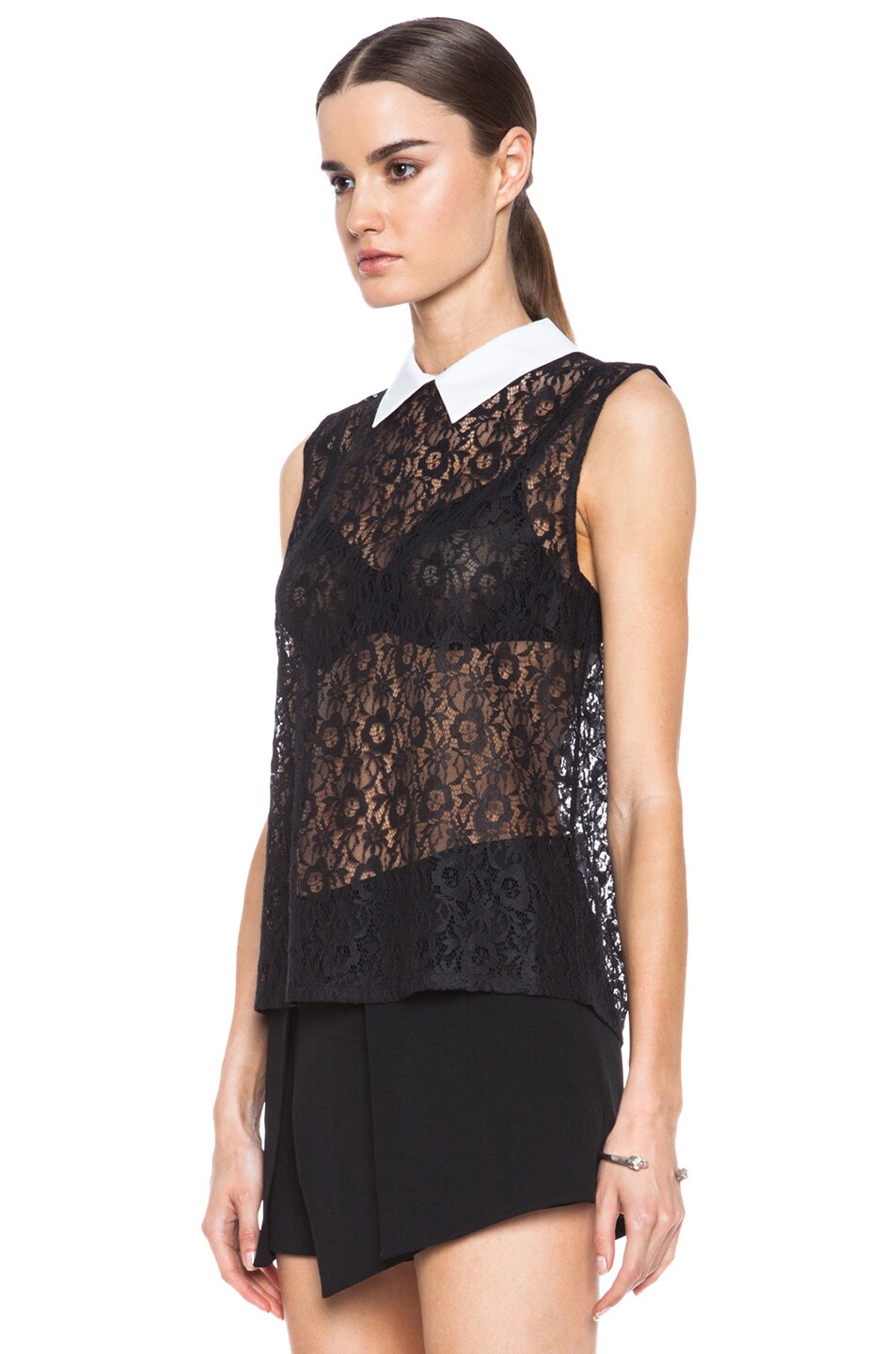 Equipment Elliot Lace Knit Top with Contrast Collar in Black | FWRD