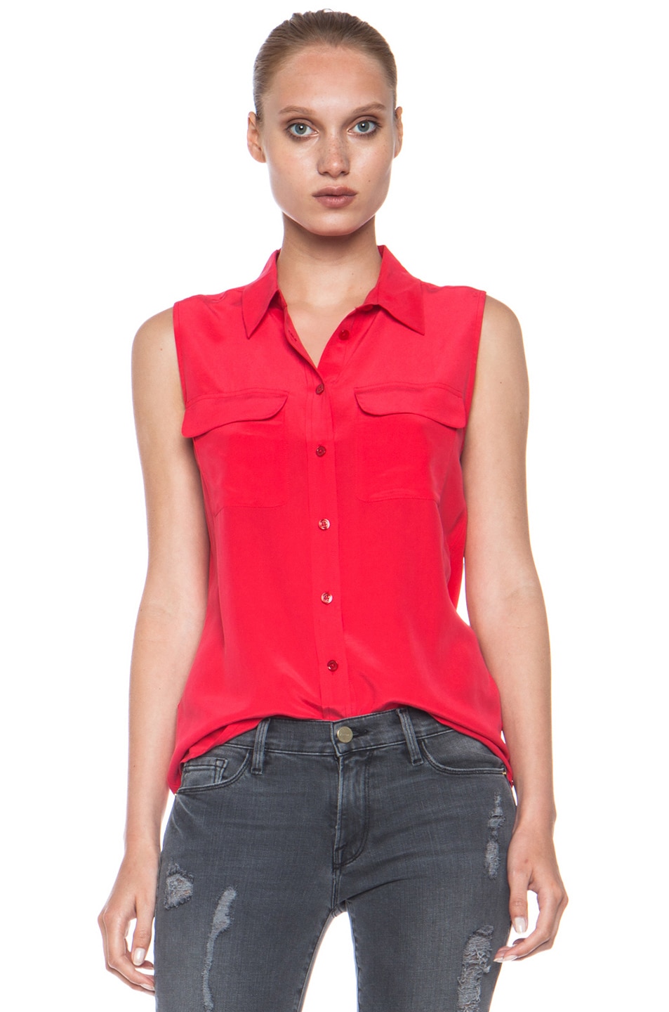 Image 1 of Equipment Slim Silk Signature Blouse in Strawberry Red