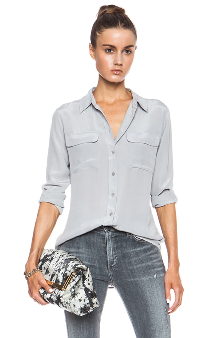 Image 1 of Equipment Slim Signature Silk Blouse in Silver Sconce