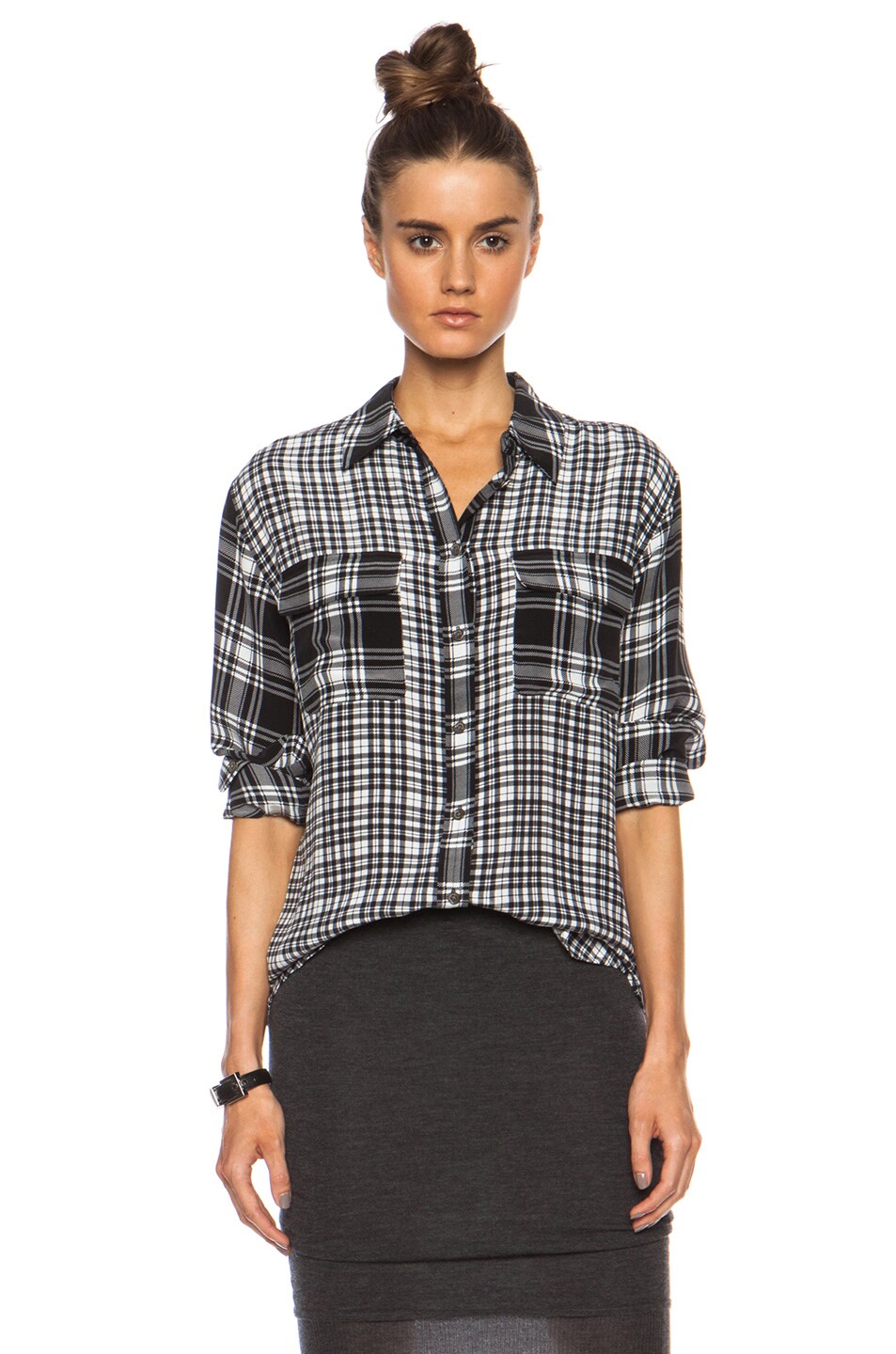Image 1 of Equipment Contrasted Signature Plaid Silk Top in Black & Bright White