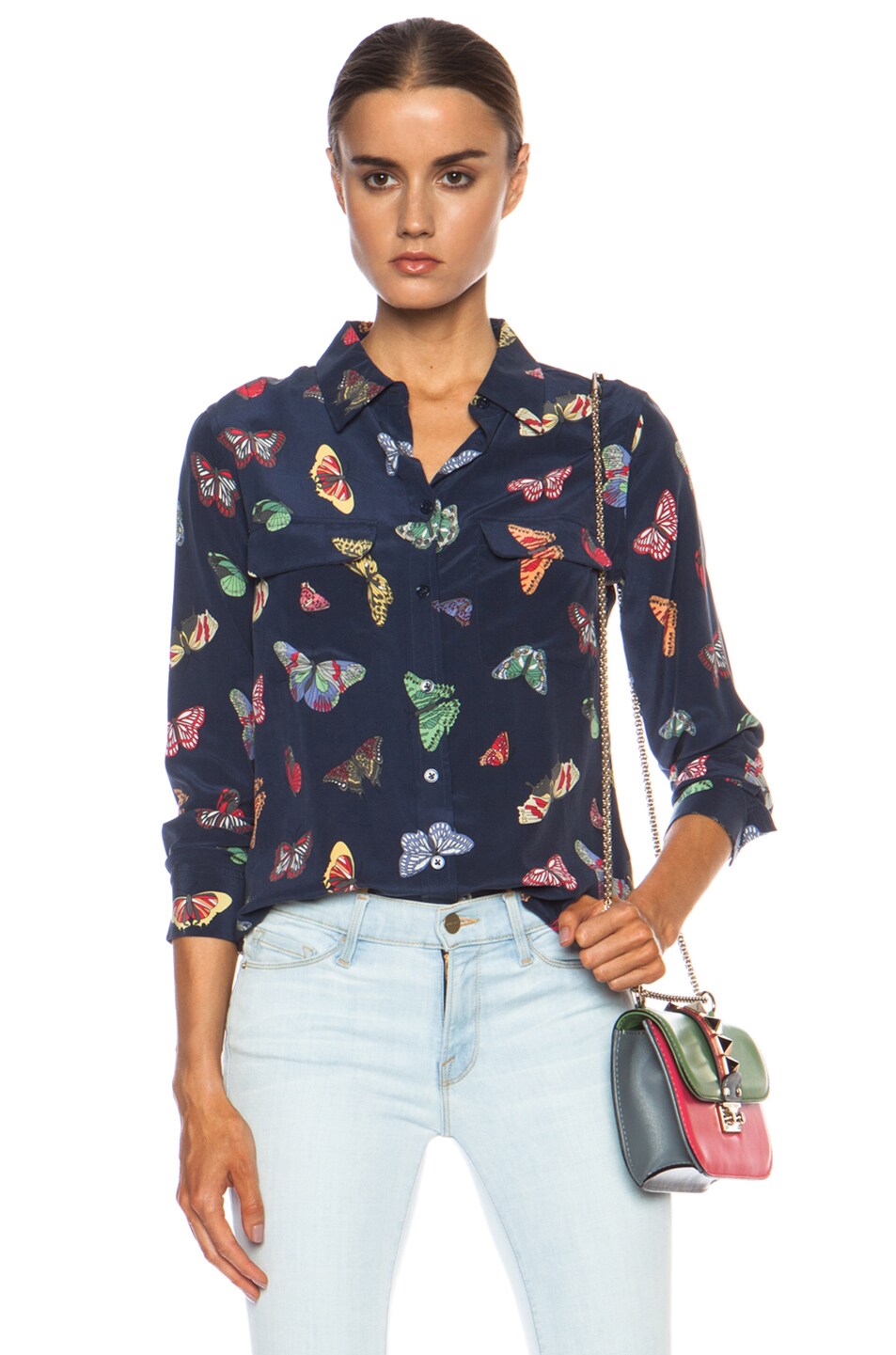 Image 1 of Equipment Slim Signature Butterfly Silk Top in Peacoat