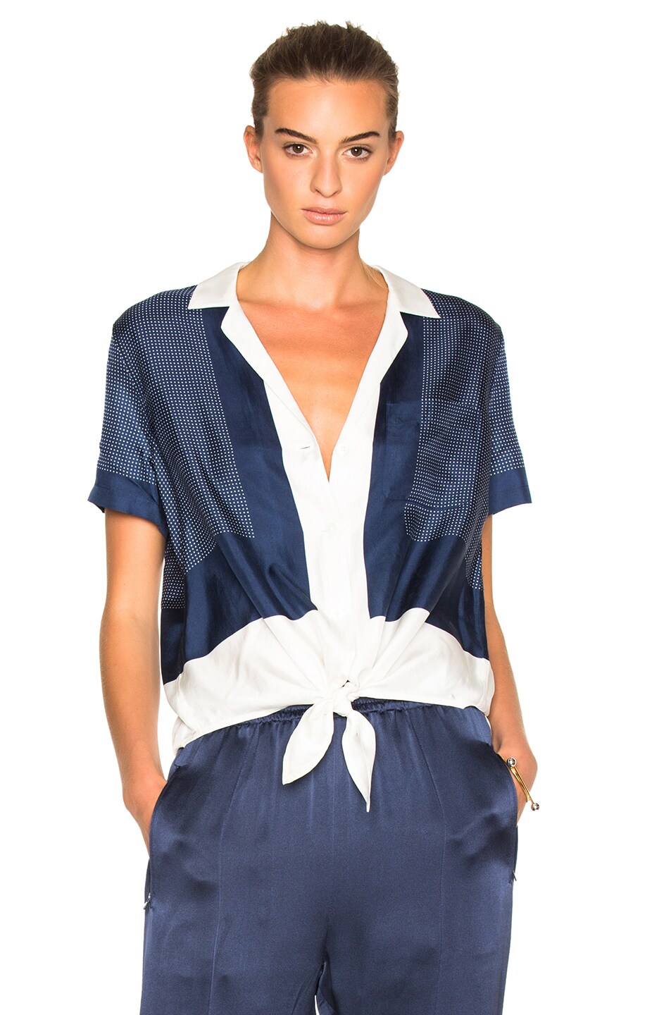 Image 1 of Equipment Keira Tie Front Top in Peacoat & Bright White