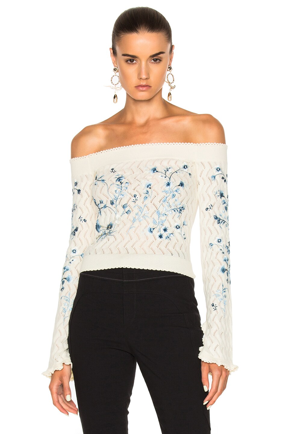 Image 1 of Erdem Bella Embellished Lace Knit Off The Shoulder Sweater in Ivory