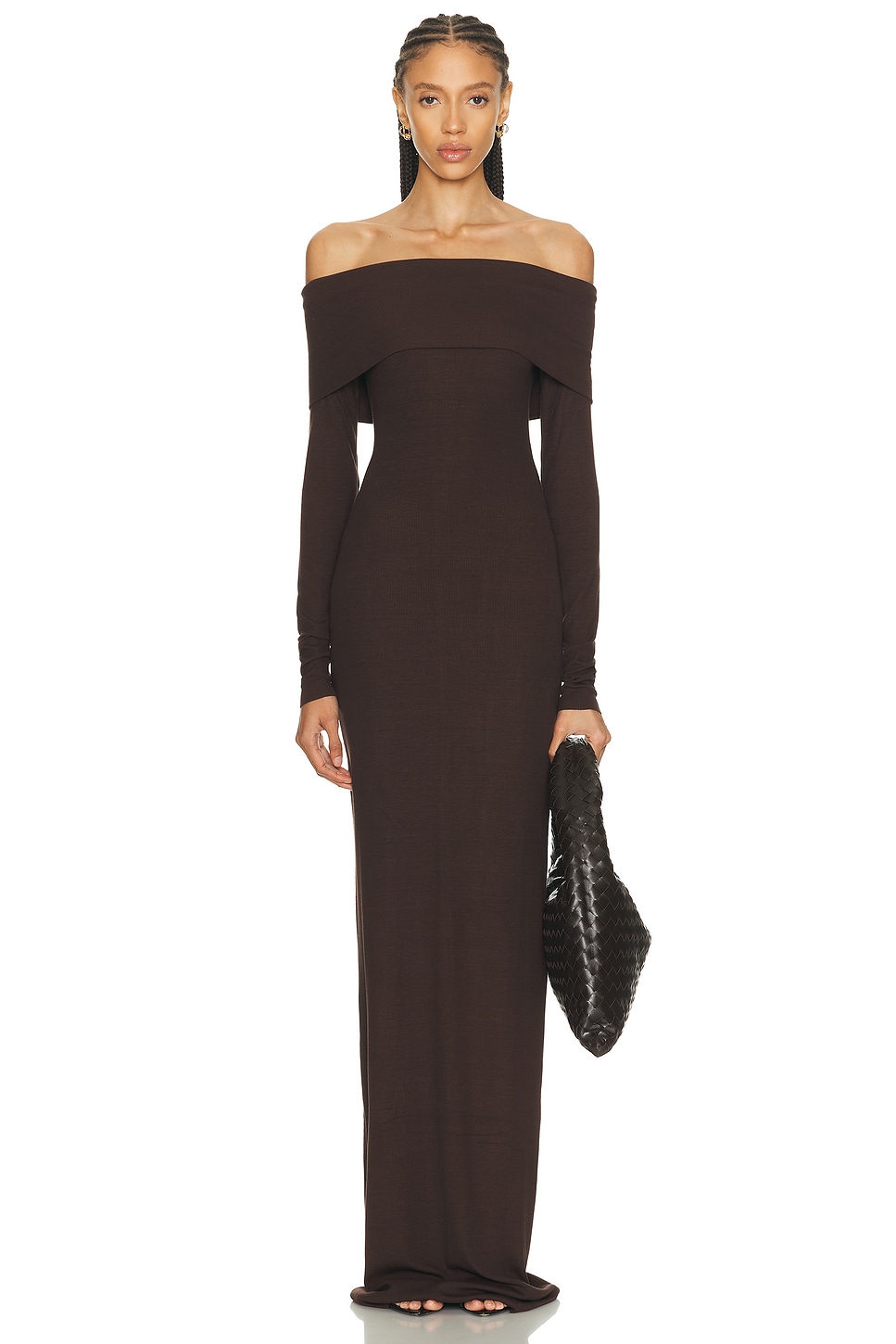 Image 1 of Eterne Long Sleeve Off Shoulder Maxi Dress in Espresso