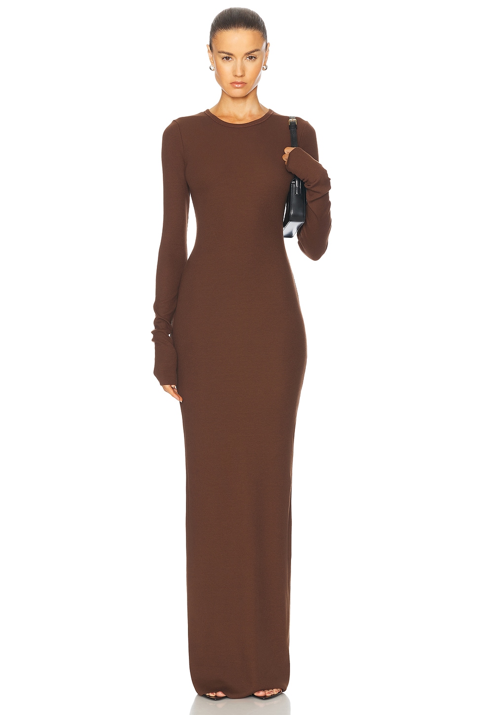 Image 1 of Eterne Long Sleeve Crewneck Maxi Dress in Chocolate