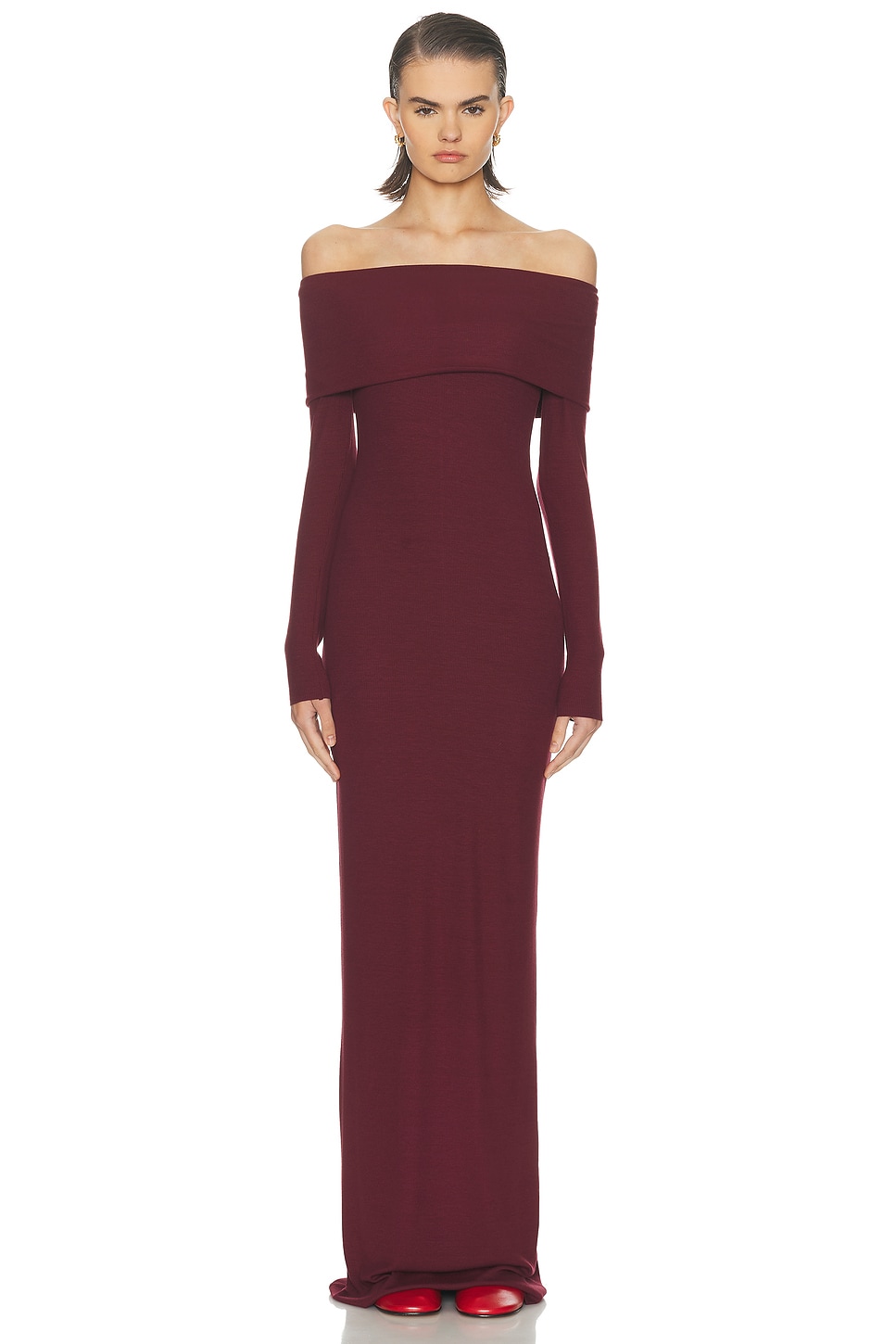 Image 1 of Eterne Long Sleeve Off-Shoulder Butter Rib Maxi Dress in Oxblood