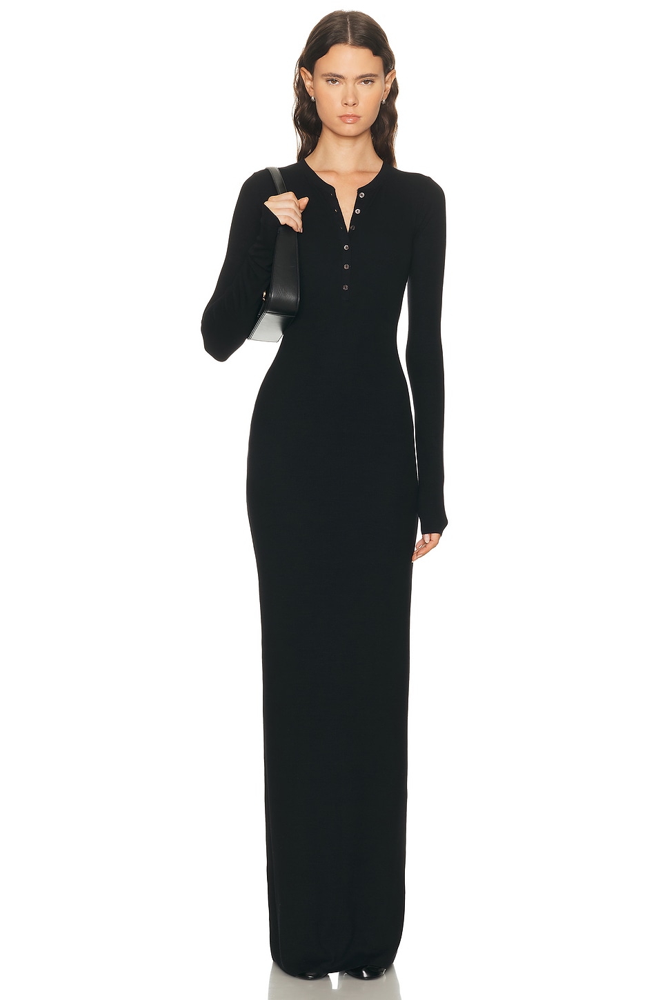 Image 1 of Eterne Long Sleeve Henley Maxi Dress in Black