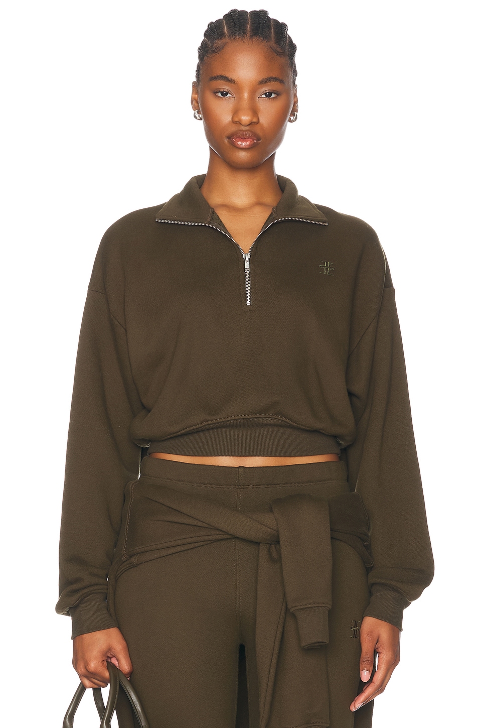 Image 1 of Eterne Cropped Half-Zip Sweatshirt in Moss