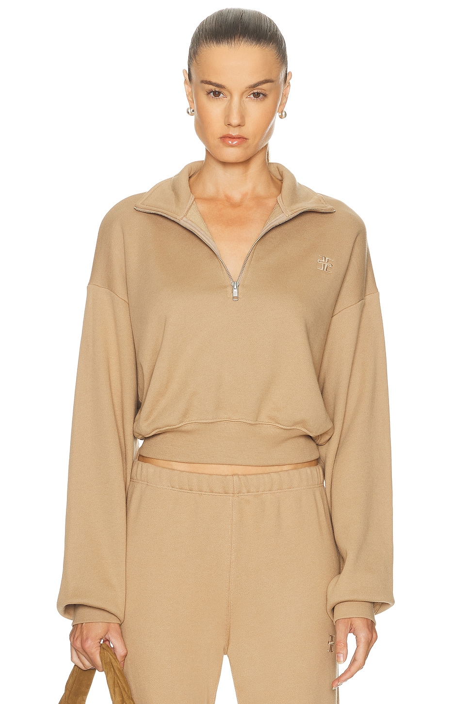 Image 1 of Eterne Cropped French Terry Half-Zip Sweatshirt in Taupe