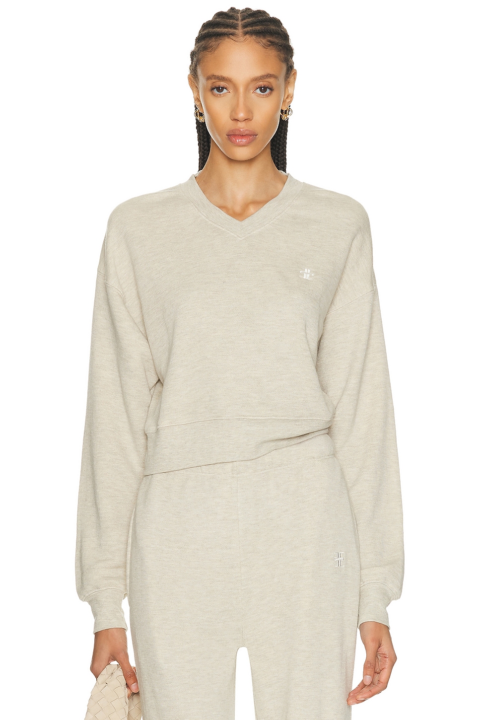 Image 1 of Eterne Cropped V-Neck Sweatshirt in Heather Oatmeal