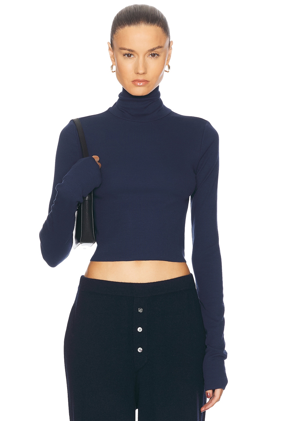 Eterne Cropped Fitted Turtleneck Top in Navy