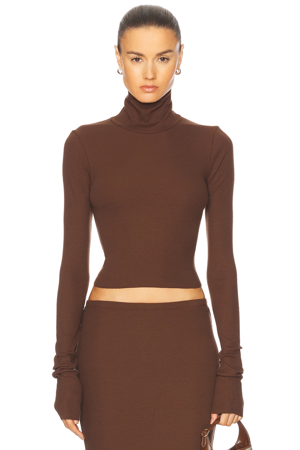 Image 1 of Eterne Cropped Fitted Turtleneck Top in Chocolate