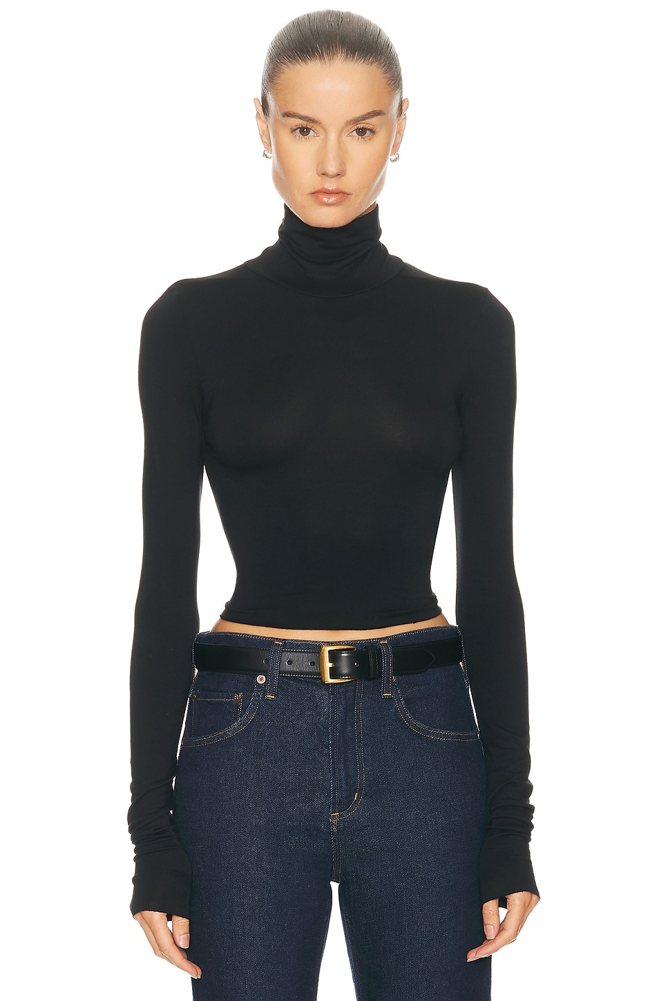 Image 1 of Eterne Cropped Fitted Turtleneck Soft Jersey Top in Black