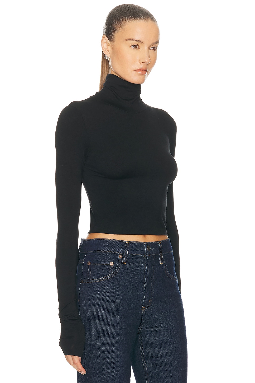 Éterne Cropped Fitted Turtleneck Soft Jersey Top In Black