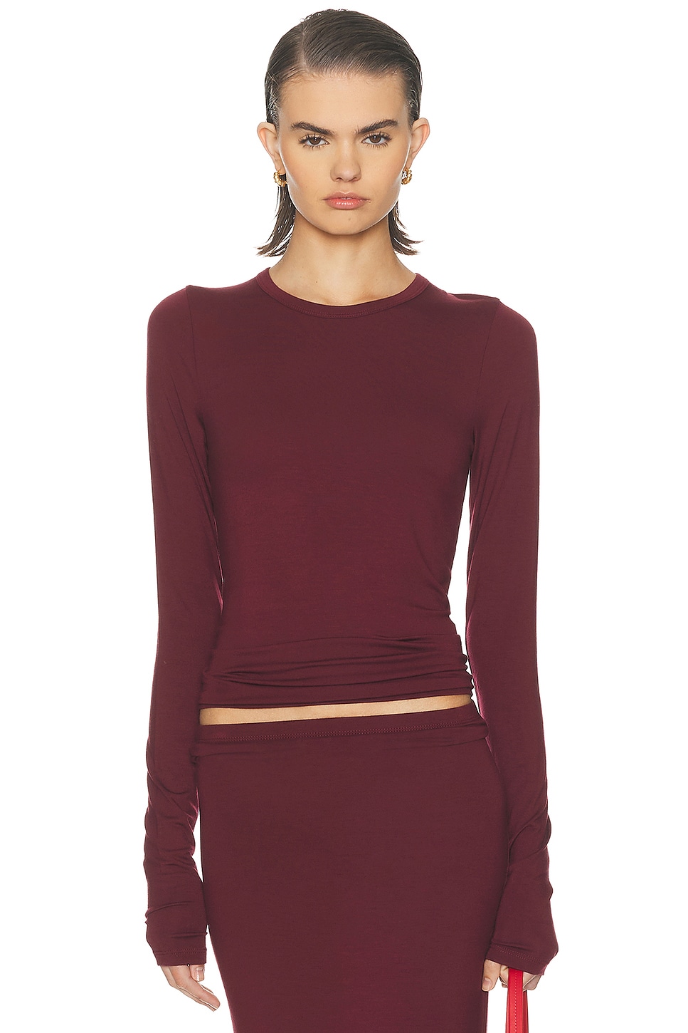 Image 1 of Eterne Fitted Crewneck Long Sleeve Soft Jersey T-Shirt in Oxblood