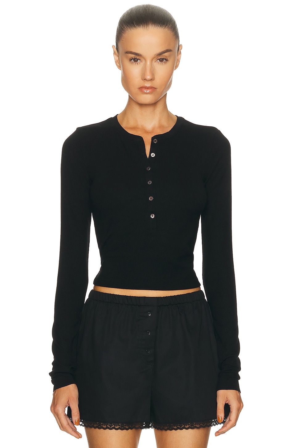 Image 1 of Eterne Long Sleeve Henley Top in Black