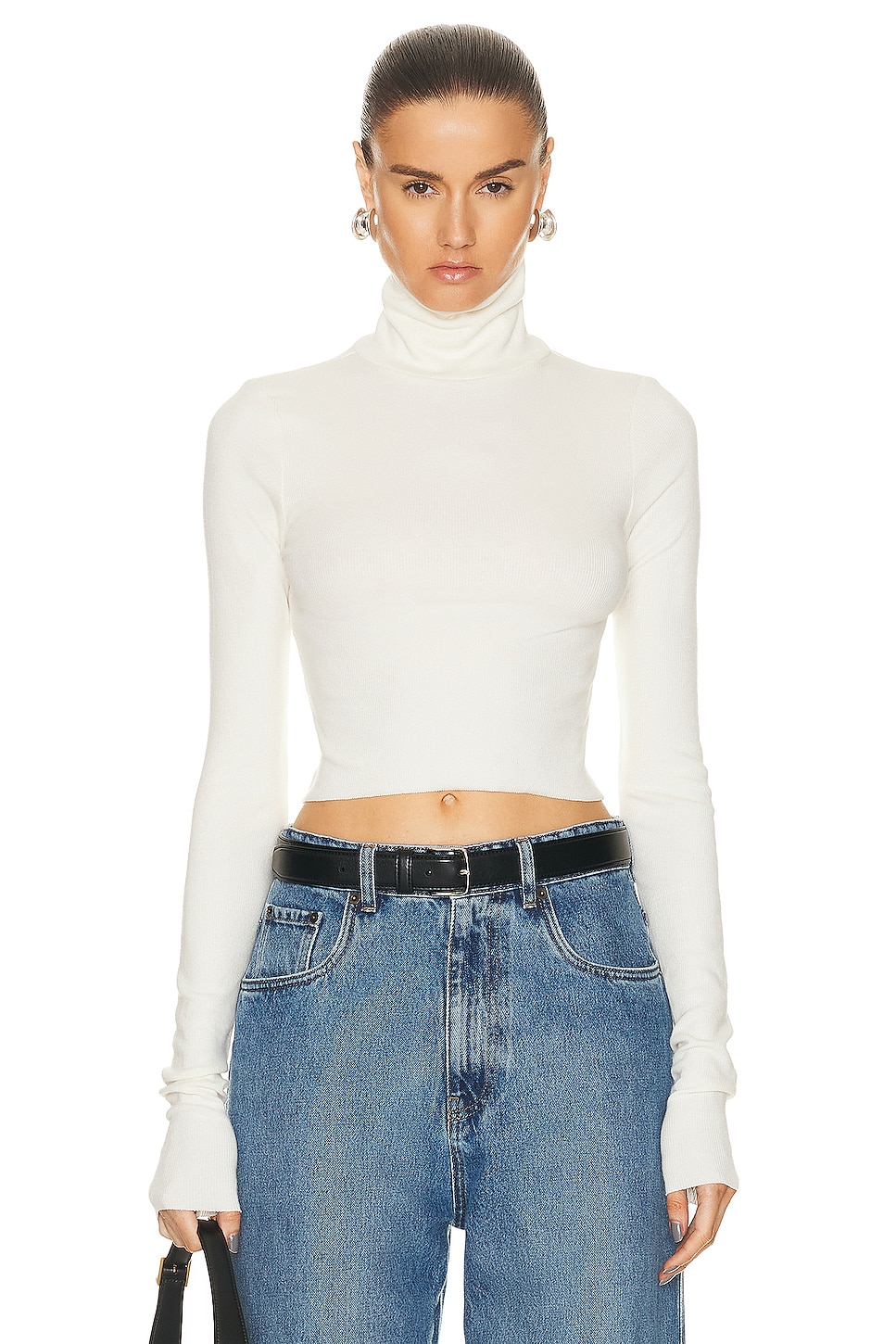 Image 1 of Eterne Cropped Fitted Turtleneck Top in Cream