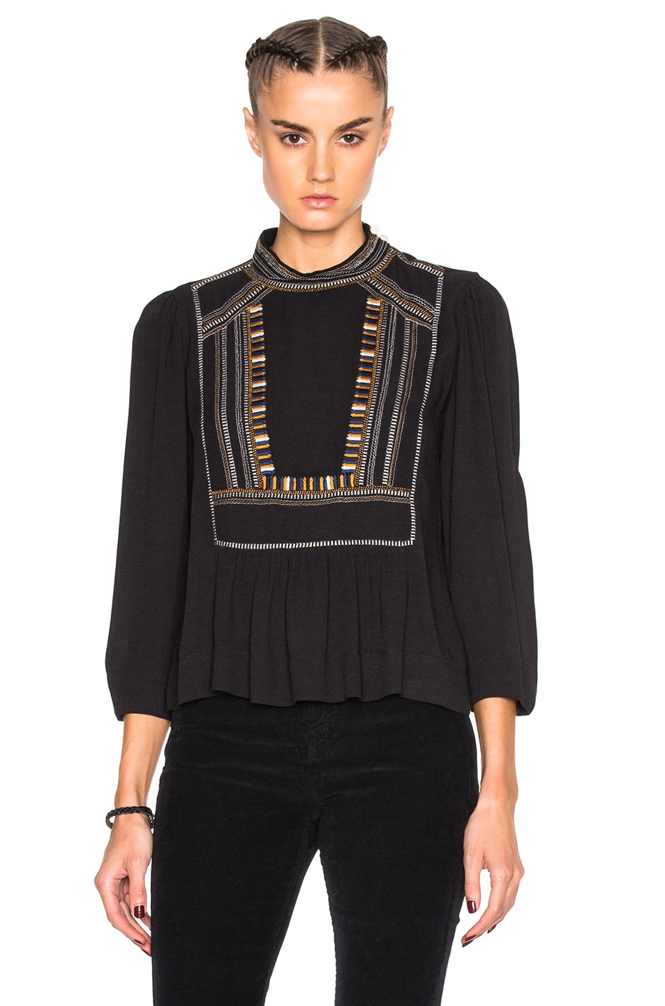 Image 1 of Isabel Marant Etoile Cerza Embroidered Crepe Top in Black