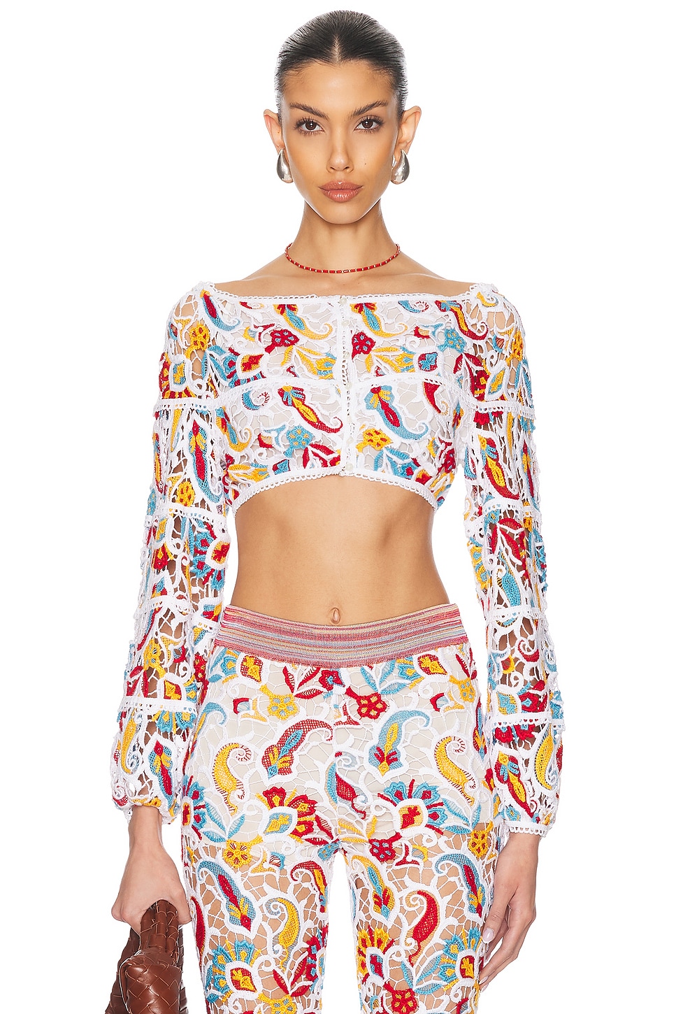 Image 1 of Etro Long Sleeve Cropped Top in Multicolor On White Base