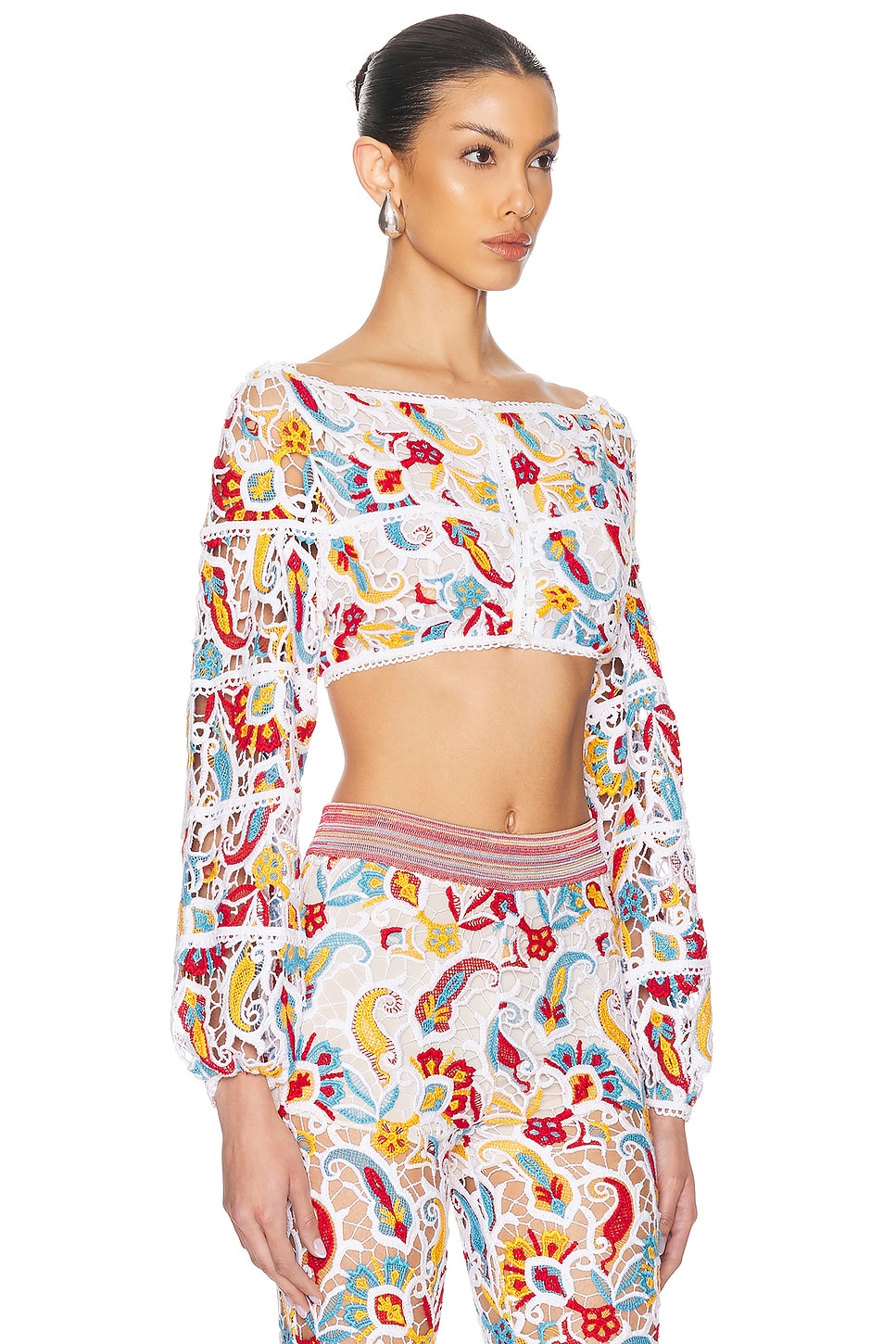 Etro Long Sleeve Cropped Top In Multicolor On White Base