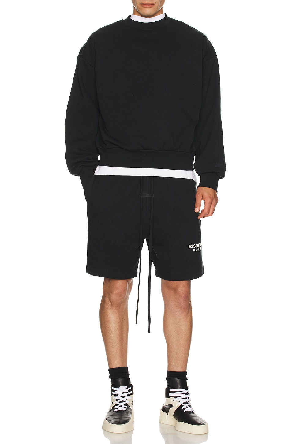 Image 1 of Fear of God ESSENTIALS Classic Fit Fleece Crew Neck Sweatshirt in Jet Black
