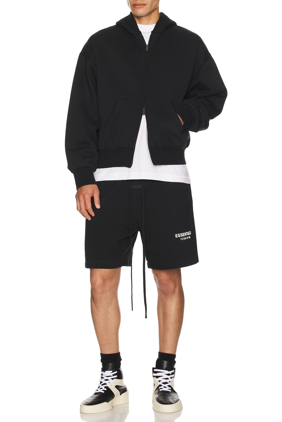 Image 1 of Fear of God ESSENTIALS Classic Fit Fleece Zip Up Hoodie in Jet Black