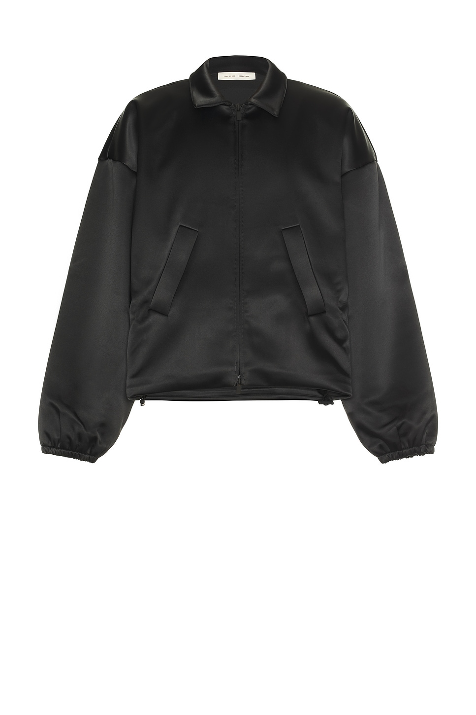 Image 1 of Fear of God ESSENTIALS Bonded Satin Zip-Up Bomber in Jet Black