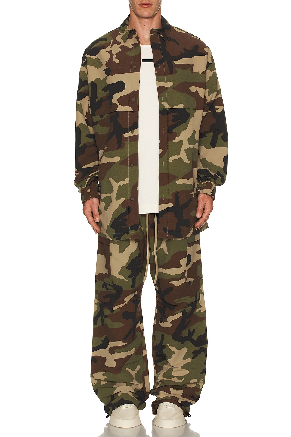 Image 1 of Fear of God ESSENTIALS Military Nylon Overshirt in Woodland Camo