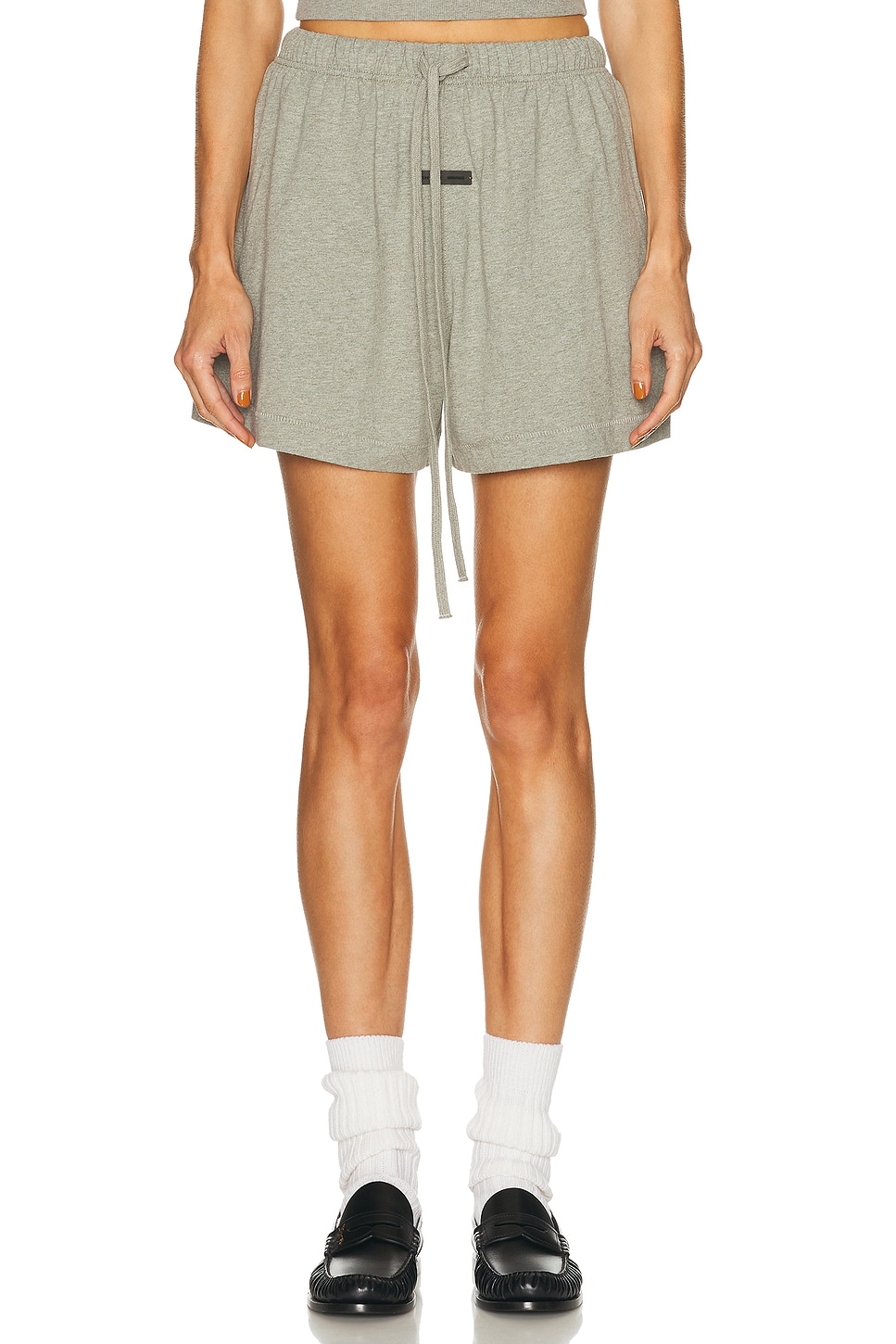Essentials Womens Drawstring Brand-patch Cotton-jersey Shorts Heather Stone In Gray