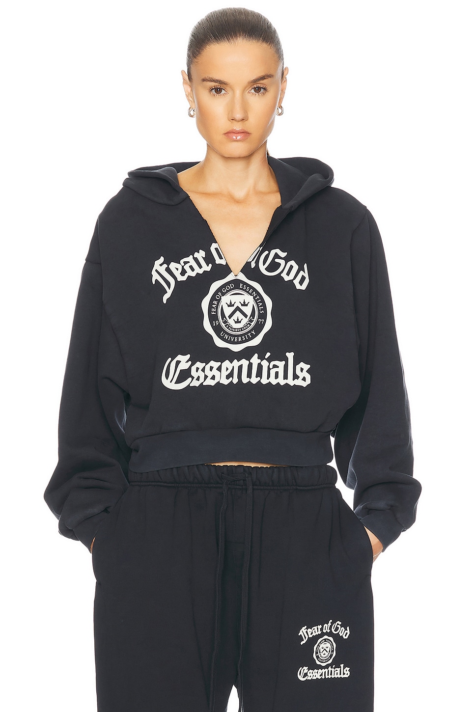 Cropped V-Neck Hoodie in Black