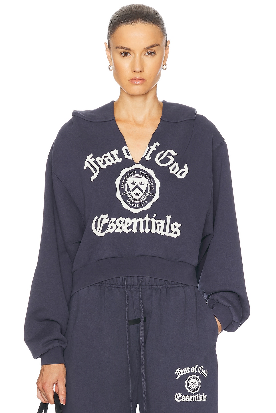 Cropped V-Neck Hoodie in Blue