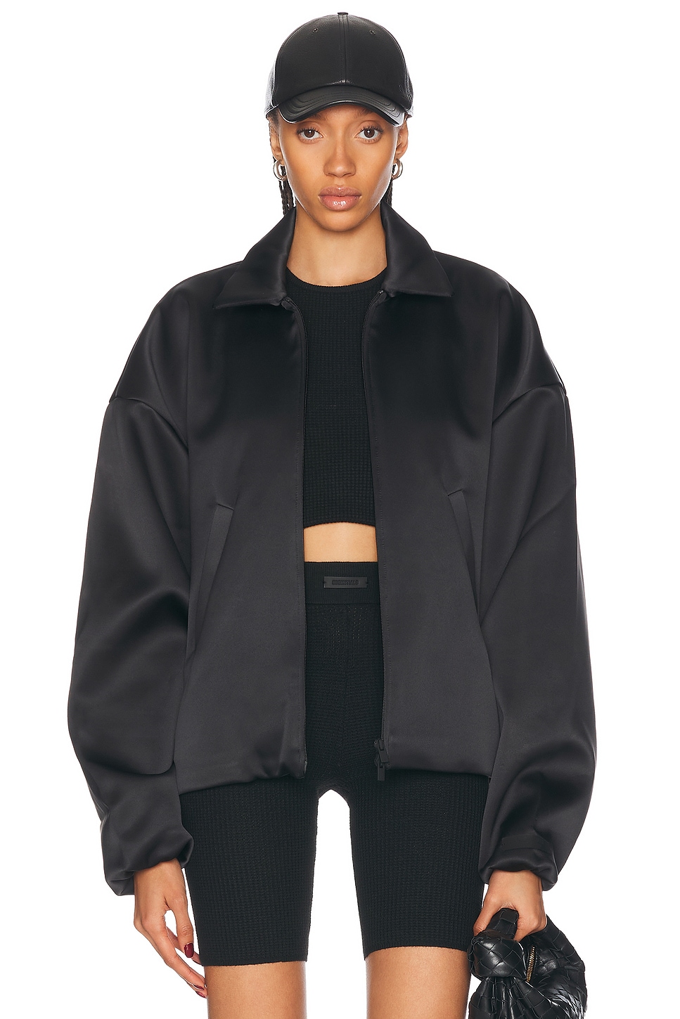 Satin Nylon Bomber Jacket in Black