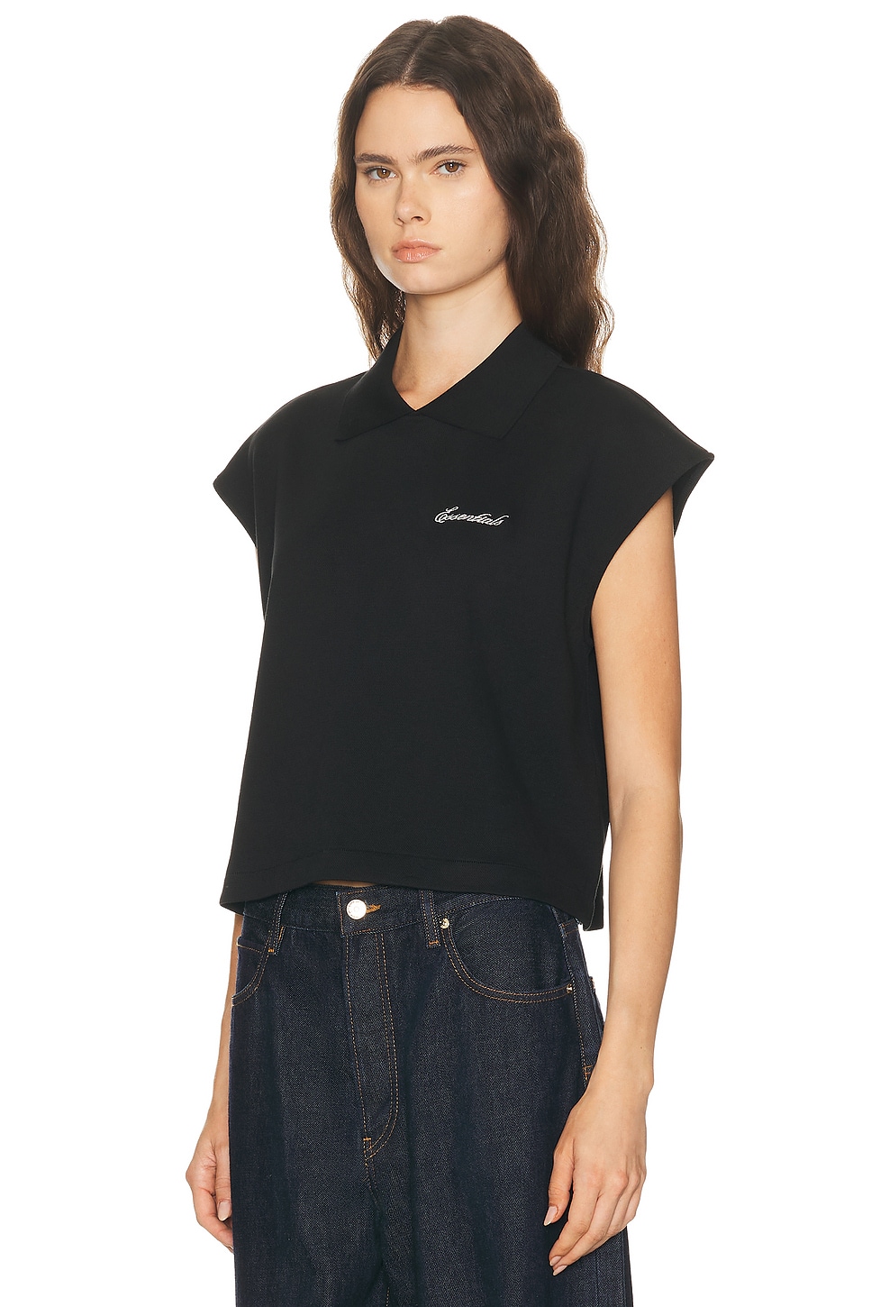 Essentials Cropped Pique Polo Top In Black