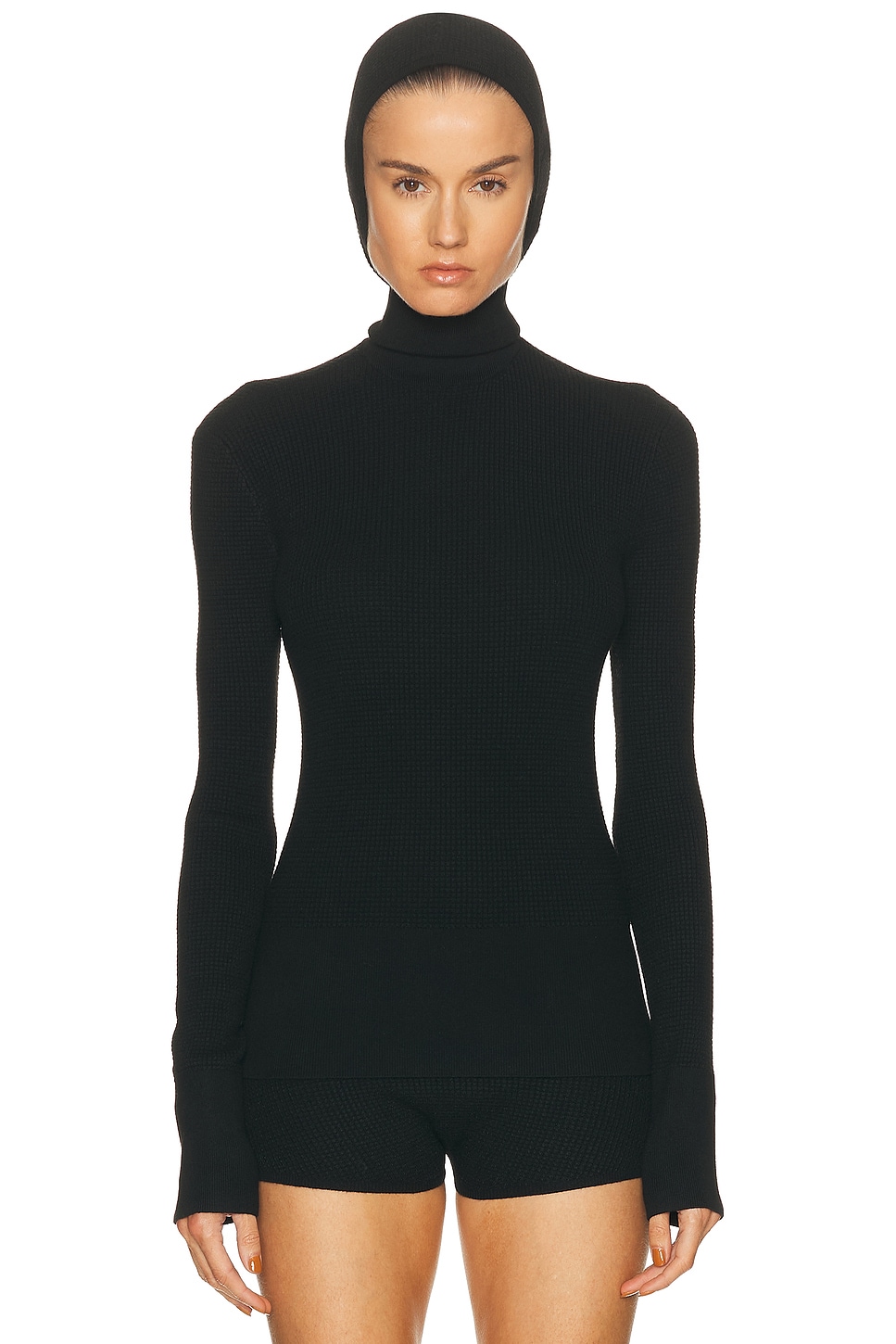 Essentials Waffle Hooded Long Sleeve Top In Black