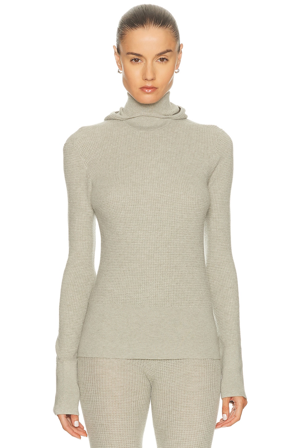 Essentials Waffle Hooded Long Sleeve Top In Gray