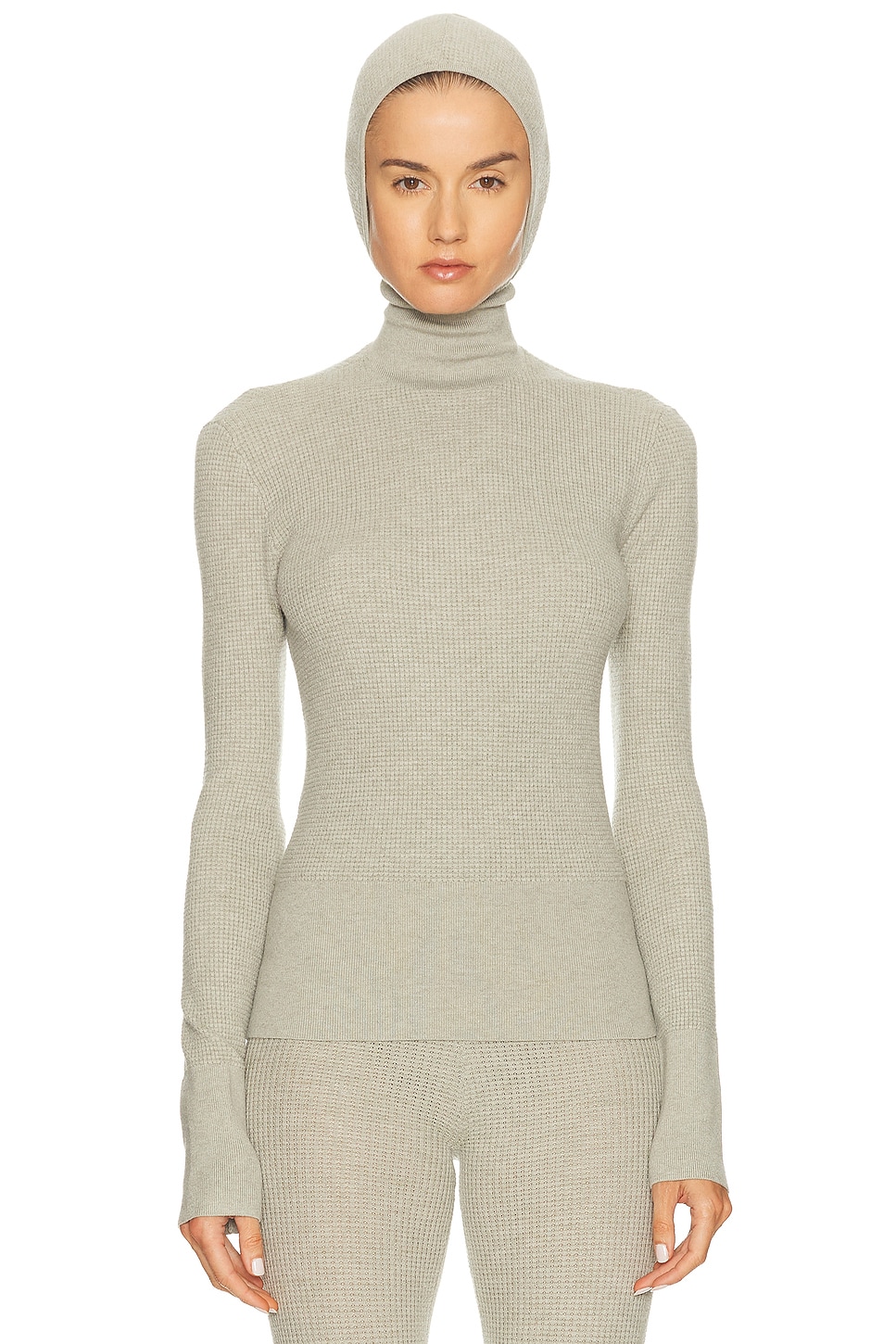 Essentials Waffle Hooded Long Sleeve Top In Gray