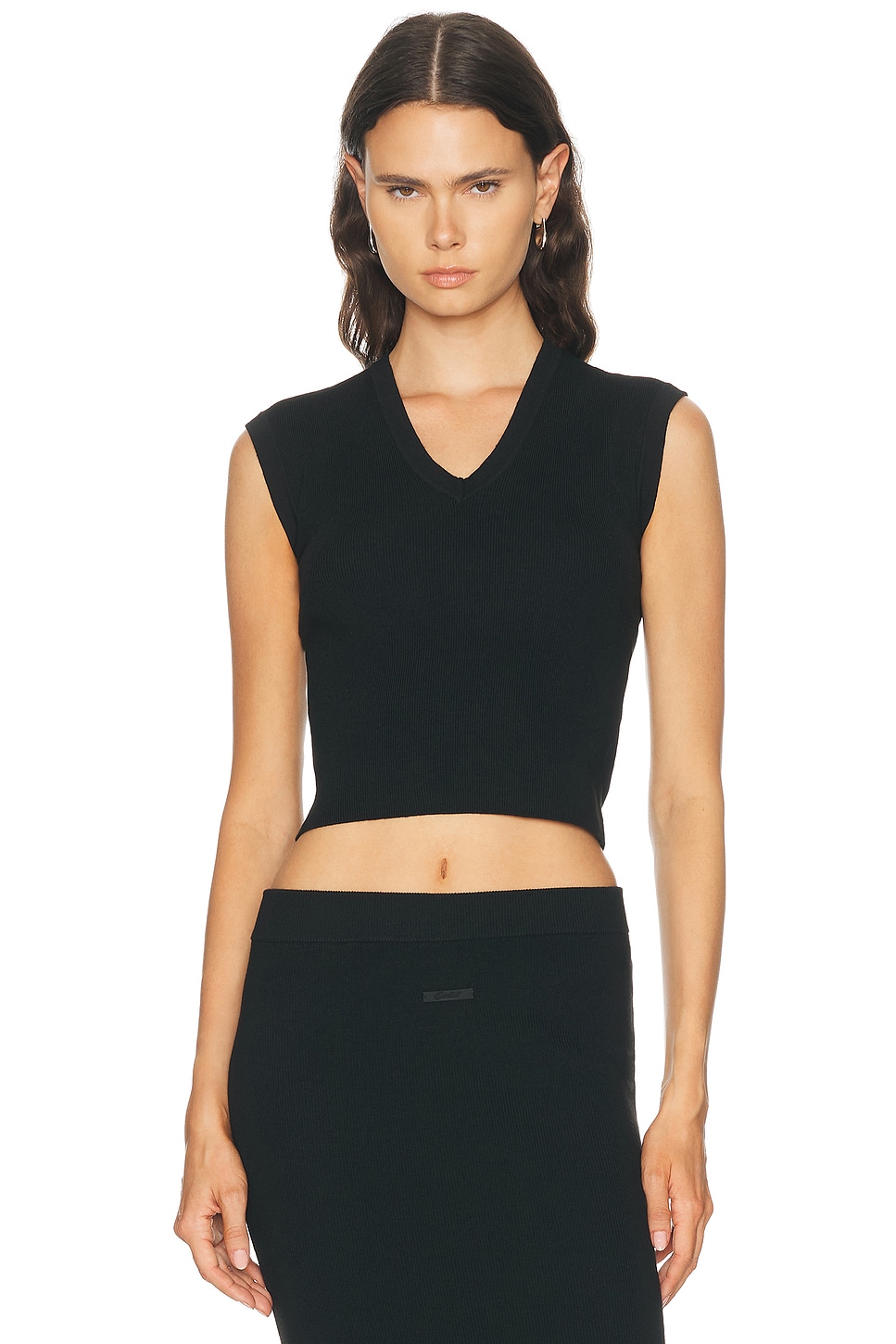 Fear of God ESSENTIALS Rib Knit V-Neck Cropped Vest in Black