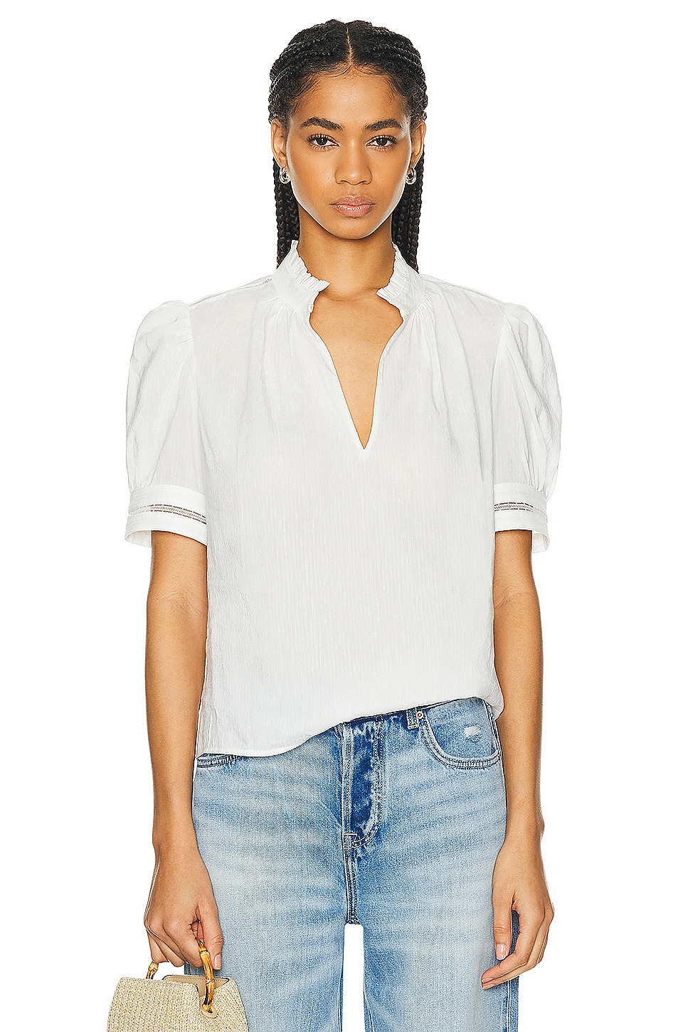 Image 1 of FRAME Ruffle Collar Top in White