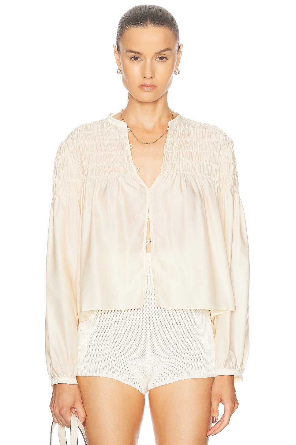 Shop Frame Smocked Collarless Blouse In Champagne