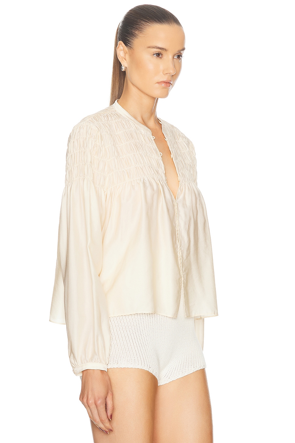 Shop Frame Smocked Collarless Blouse In Champagne