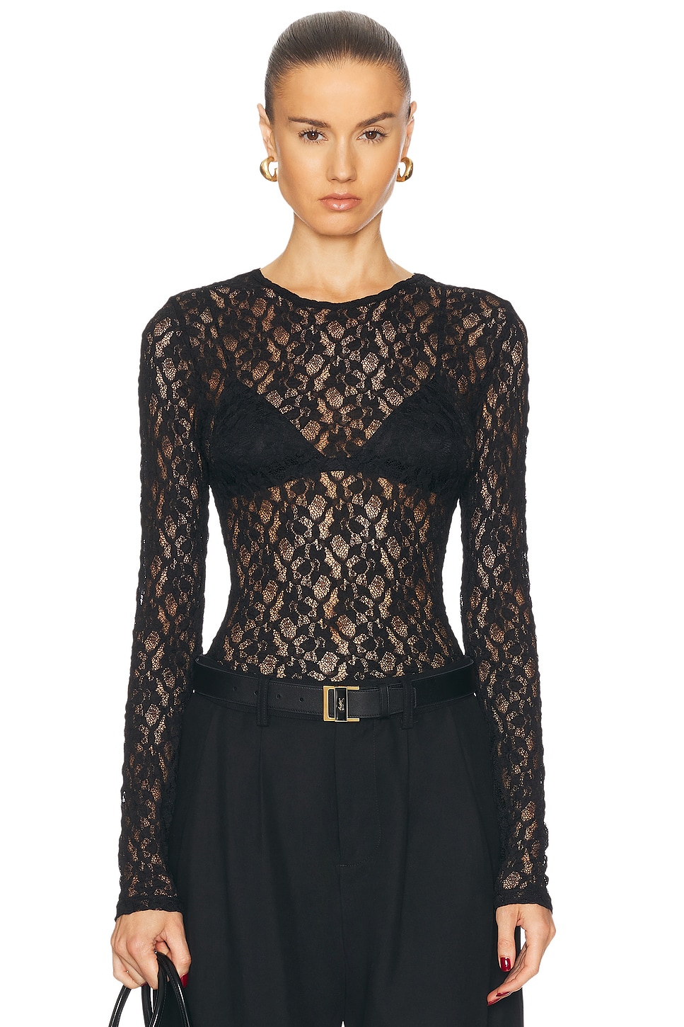 Image 1 of FRAME Mesh Lace Top in Black