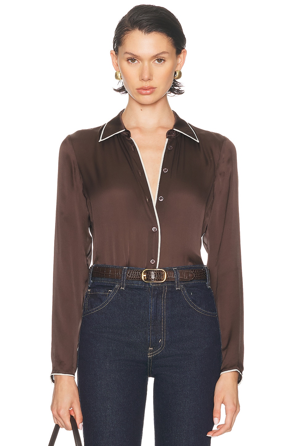 Frame Womens Coffee Multi The Slim Essential Silk Shirt In Brown