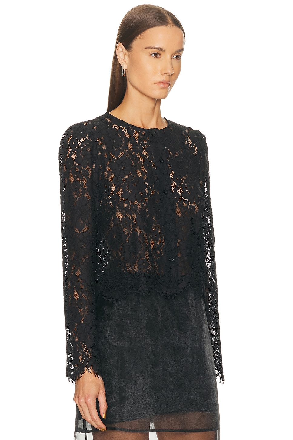 Frame Sheer Crop Organic Cotton Blend Eyelash Lace Button-up Shirt In Black